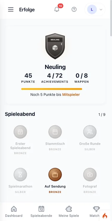 Erfolge-Seite von Playnexi auf dem Handy: Rangschild Neuling, Punkte, Achievements, Wappen und die Kategorie Spieleabend