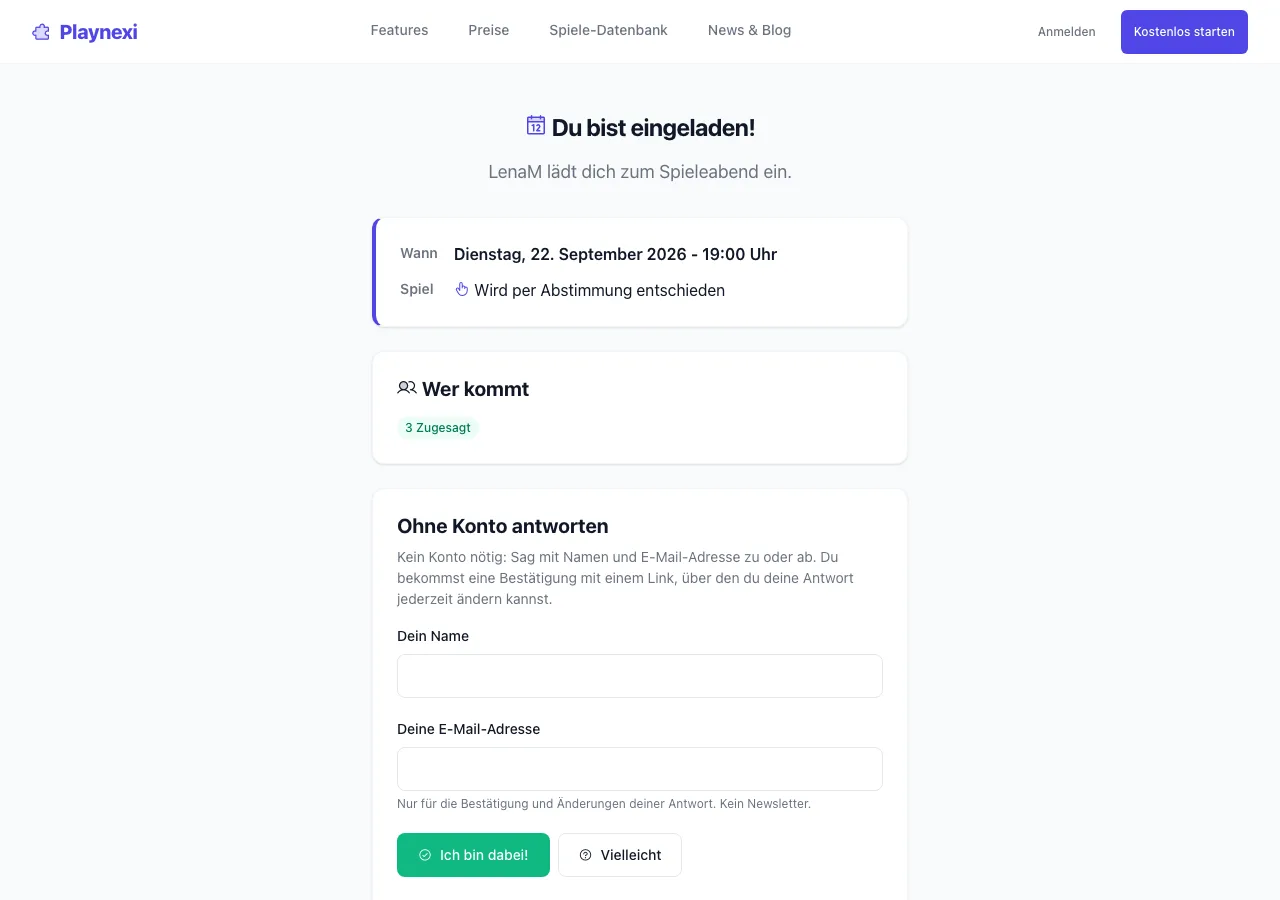 Einladungsseite von Playnexi: Termin, Gruppe, drei Zusagen und das Formular „Ohne Konto antworten“