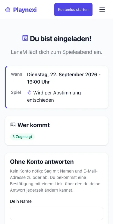 Einladungsseite von Playnexi auf dem Handy