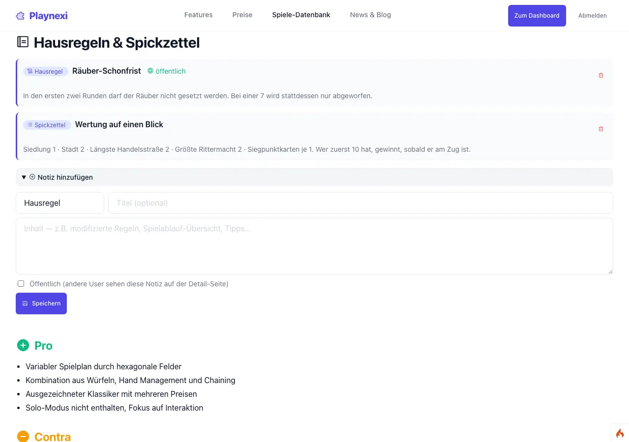 Spielseite von Catan bei Playnexi mit Notizen: eine Hausregel und ein Spickzettel, dazu das Formular für eine neue Notiz mit Typ, Titel, Inhalt und Öffentlich-Schalter