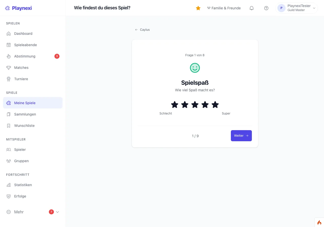 Playnexi rating assistant: question 1 of 8, fun with five stars, next button below