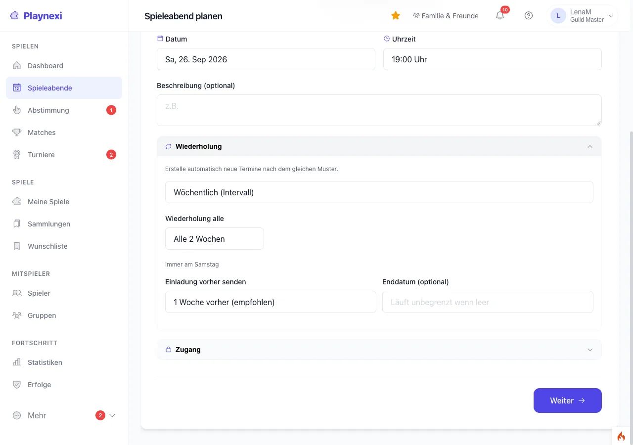 Playnexi game night assistant, step “When”: repeat weekly every 2 weeks with lead time and optional end date