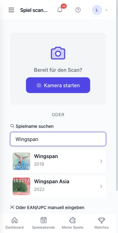Playnexi scanner page on a phone: start camera or search by name, result Wingspan