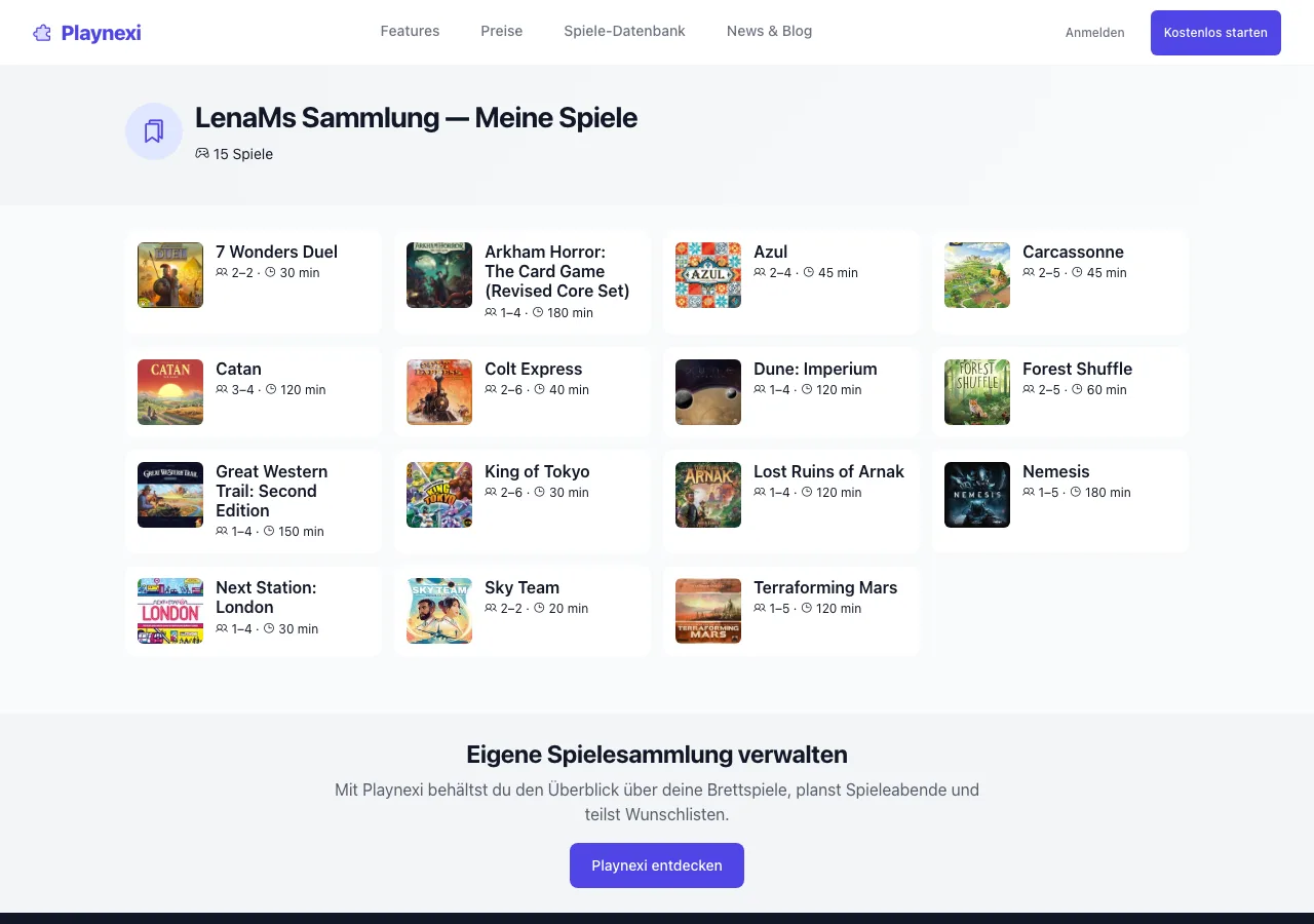 Publicly shared collection in Playnexi: fifteen games with cover, player count and duration, visible without an account
