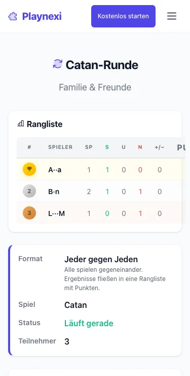 Öffentliche Turnierseite von Playnexi auf dem Handy