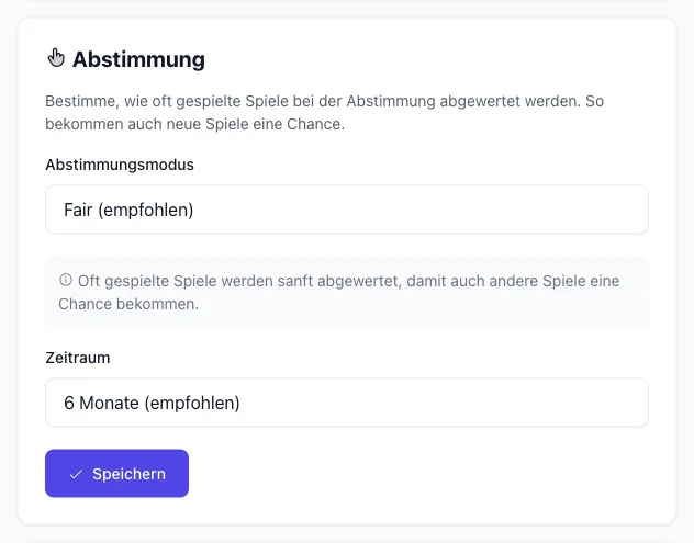 Gruppeneinstellungen von Playnexi: Abstimmungsmodus Klassisch, Fair, Entdecker oder Abenteurer und der Zeitraum für die Abwertung