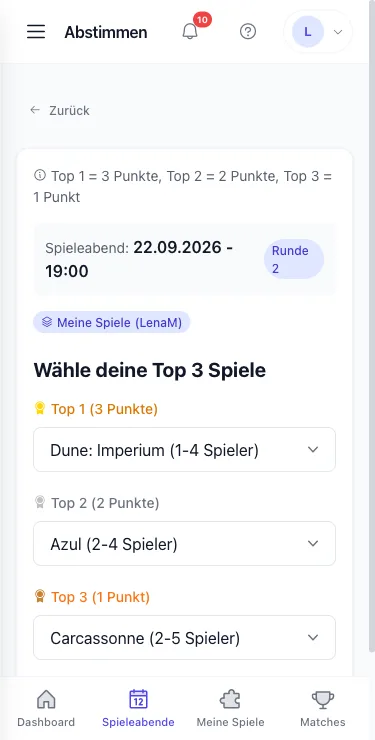 Spieleabstimmung von Playnexi auf dem Handy: Top 1 Dune: Imperium, Top 2 Azul, Top 3 Carcassonne